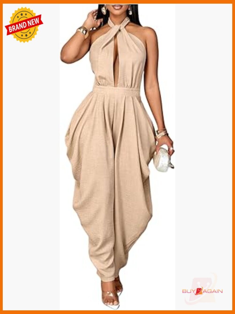 Sleeveless Halter Jumpsuit Cut Out Backless Draped Long Pants Romper